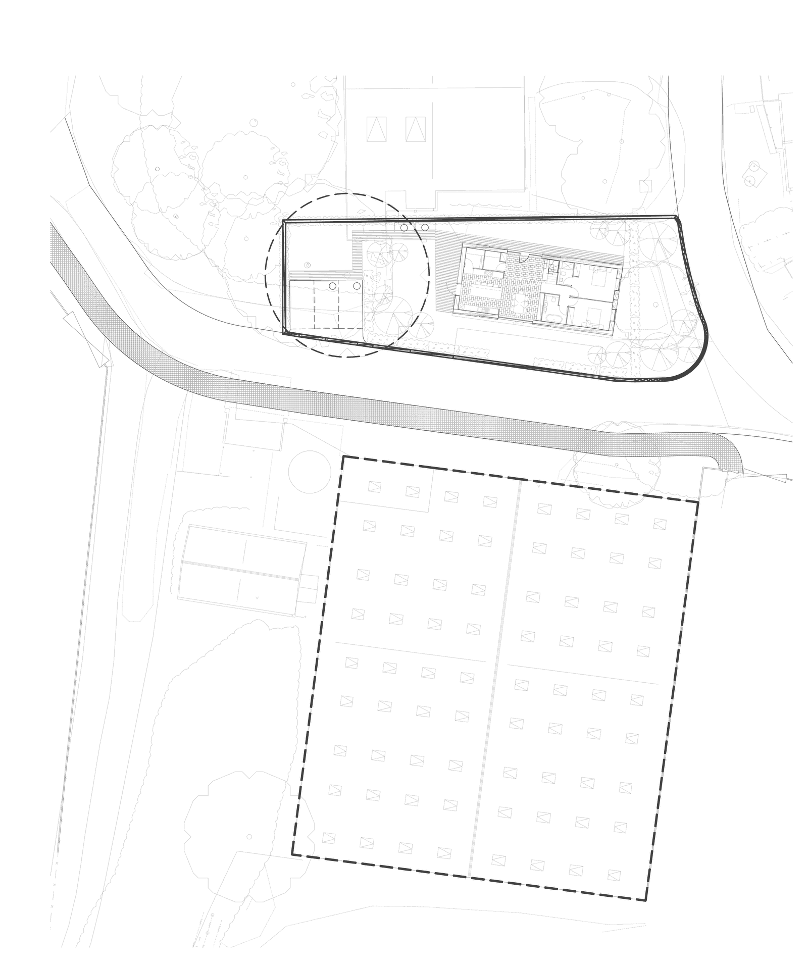 Rickett Architects consented site plan: the barn and its garden plot outlined at the top with three screened parking spaces, and the large dashed outline of the grain store to be demolished on the far side of the farm track