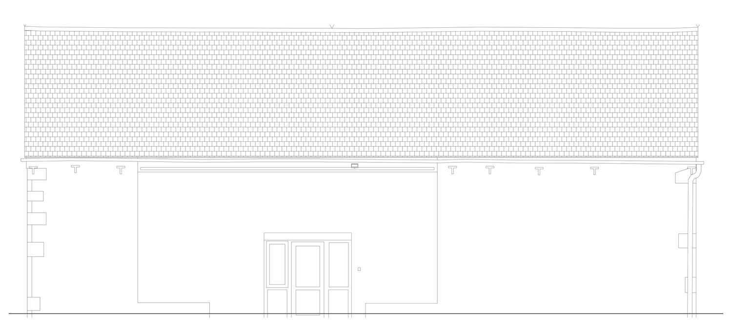 Rickett Architects drawing of the south elevation as existing: a long stone wall with its central barn opening blocked up, a single inserted door, and small blocked slot windows