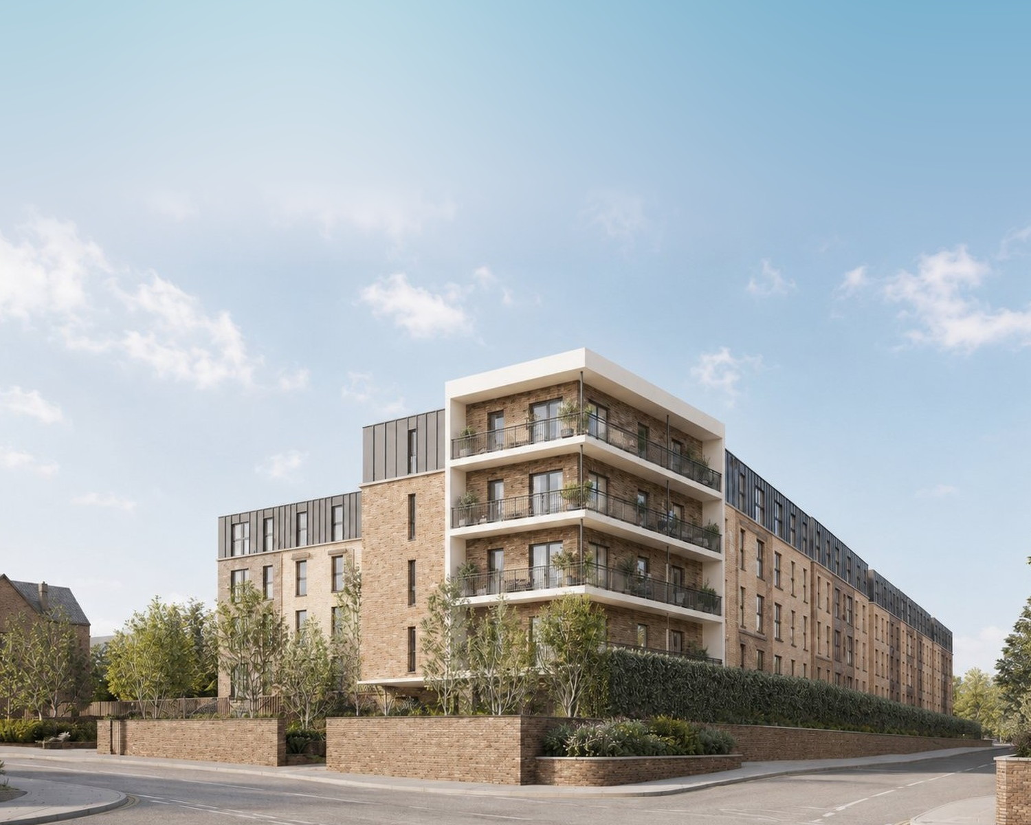 Visualisation of the consented scheme at Newbold Road, Rugby: a brick apartment building with recessed balconies on a gateway corner.