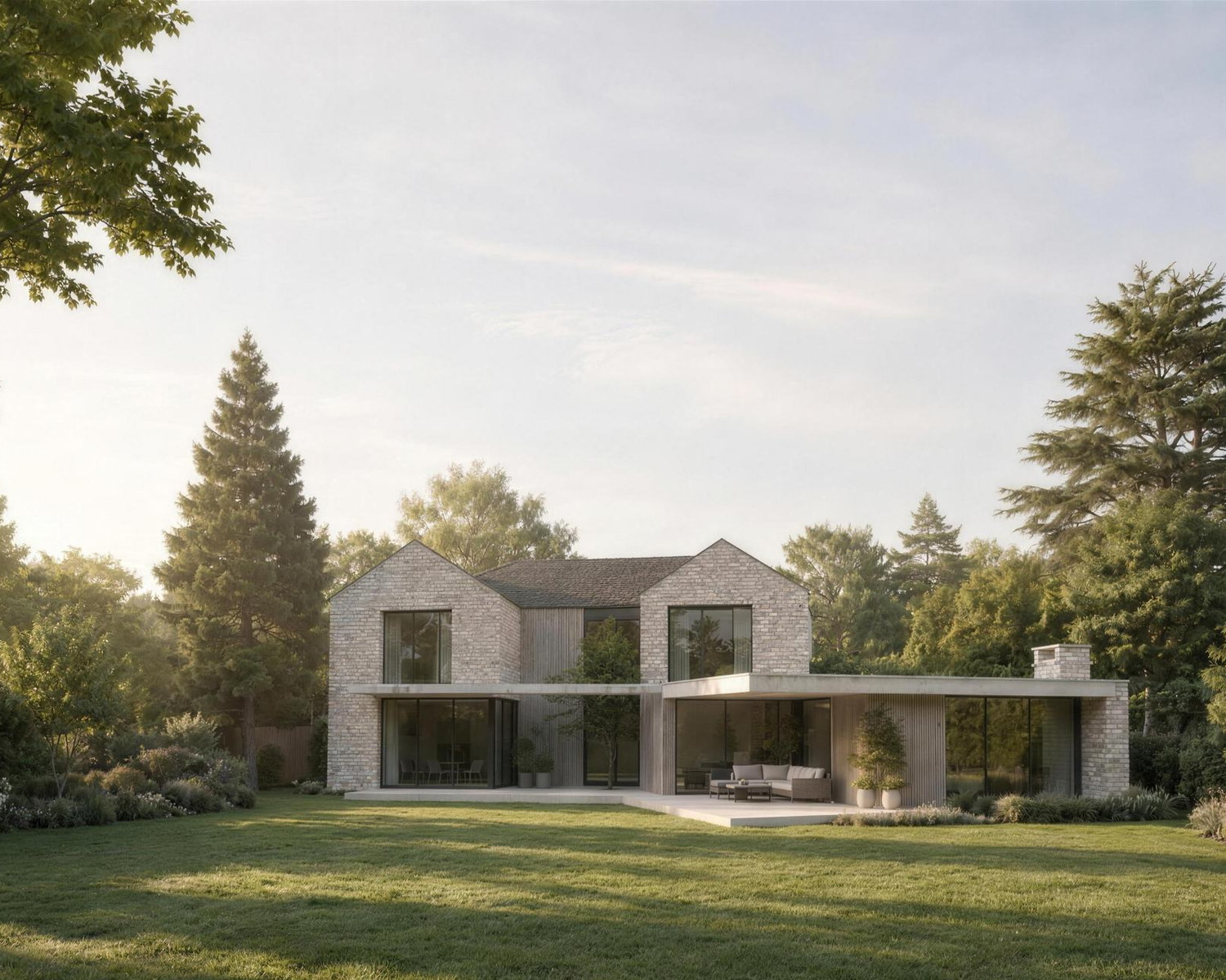 Visualisation of the consented extension at Ashlawn Road, Rugby, by Rickett Architects: a single storey side and rear addition in brick with black aluminium glazing, opening onto the garden.