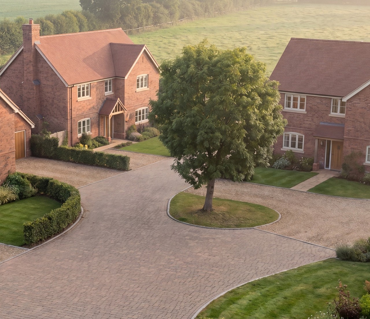 Closer visualisation of the consented scheme at Hob Lane: the block-paved shared drive curving between two of the brick houses, with the retained tree standing on an island of grass at its centre