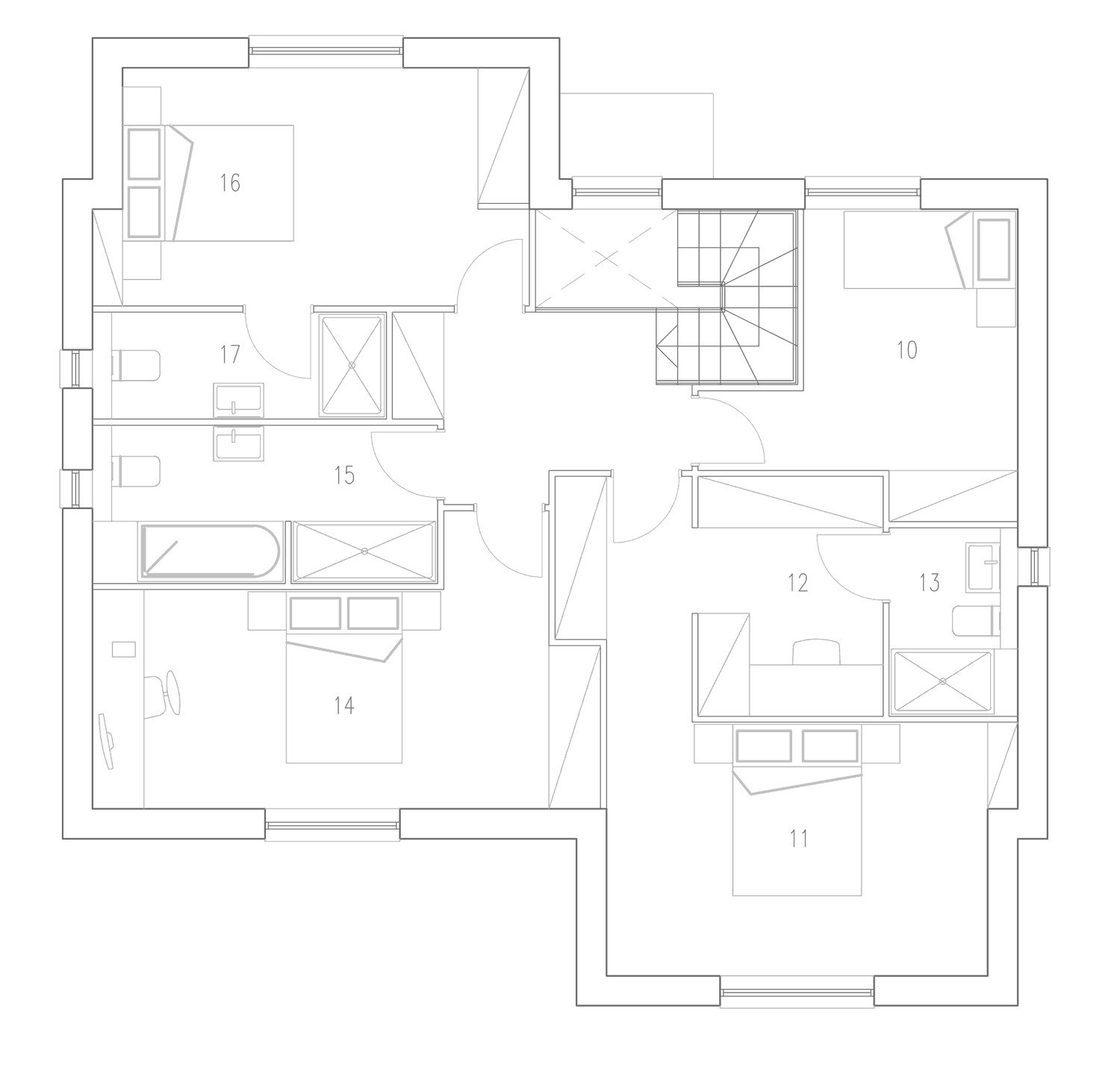 Rickett Architects first floor plan of the consented house type at Hob Lane: four bedrooms, the principal bedroom with a dressing room and en suite to the east, a second en suite bedroom, and the family bathroom to the west