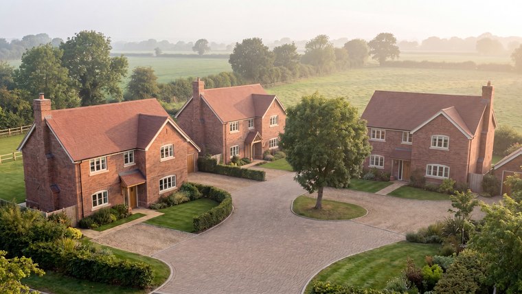 Visualisation of four consented houses at Hob Lane, Burton Green, by Rickett Architects