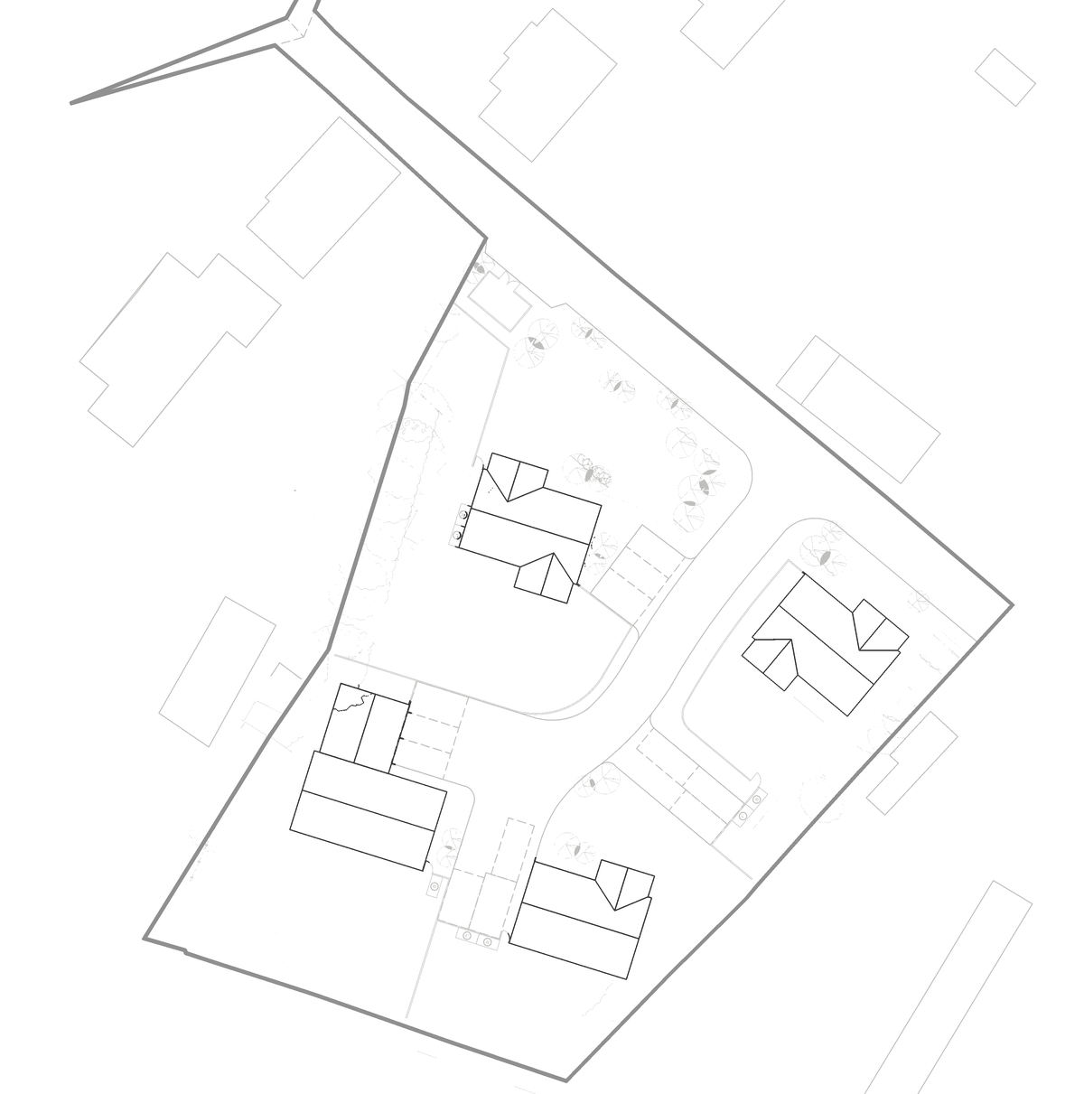 Rickett Architects consented site plan for Hob Lane: four detached houses drawn heavy and set around a central access drive, with on-plot parking, a bin store at the entrance, retained and proposed trees drawn as canopies, and the neighbouring houses and survey shown faintly behind the application boundary