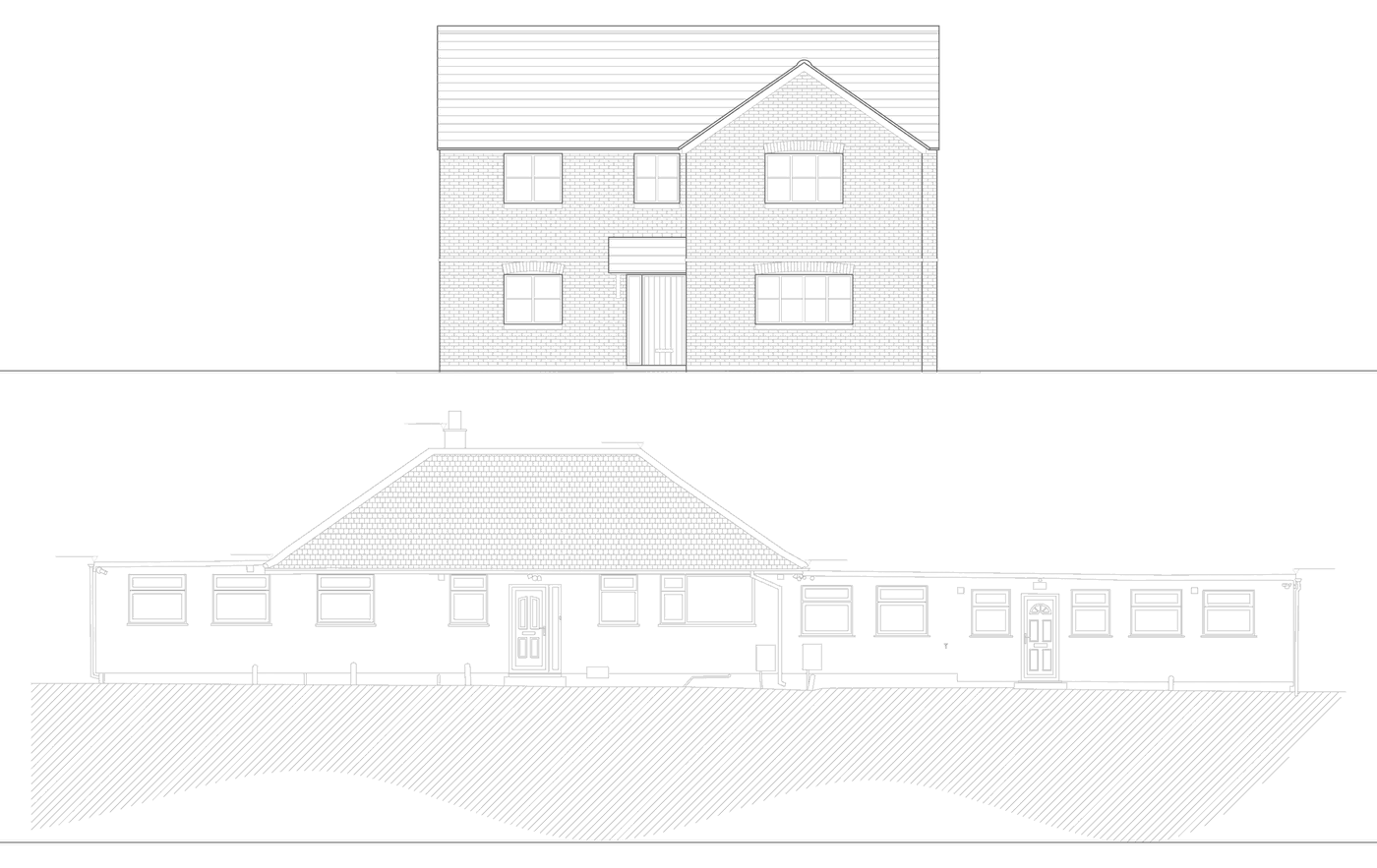 Two Rickett Architects elevation drawings on one canvas at the same scale: above, a two-storey detached brick house with a front gable and recessed porch; below, the long low single-storey bungalow it replaces, spreading nearly three times as wide
