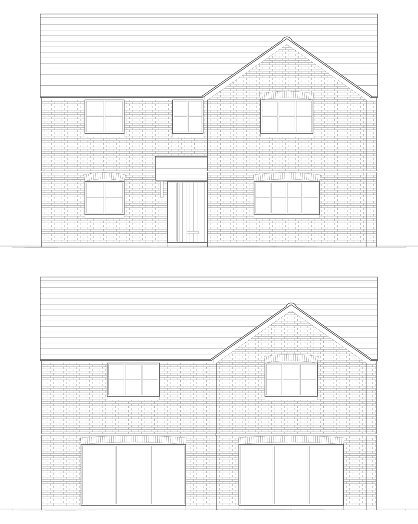 Two Rickett Architects elevations of the consented house type at Hob Lane on one canvas: above, the front, a two-storey brick house under a clay tile roof with a projecting gabled wing and a recessed entrance; below, the rear, with two wide glazed garden openings at ground floor under segmental brick lintels