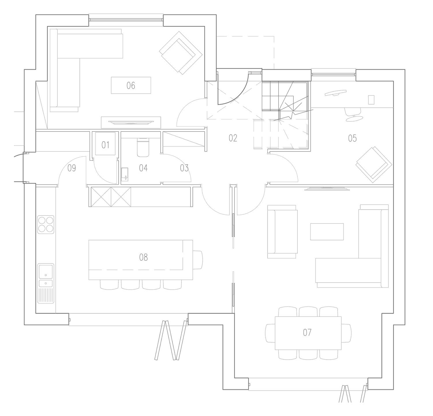 Rickett Architects ground floor plan of the consented house type at Hob Lane: utility, kitchen and snug at the west end, cloakroom and cylinder cupboard off the hall, the stair on the spine, and study, living and dining rooms to the east