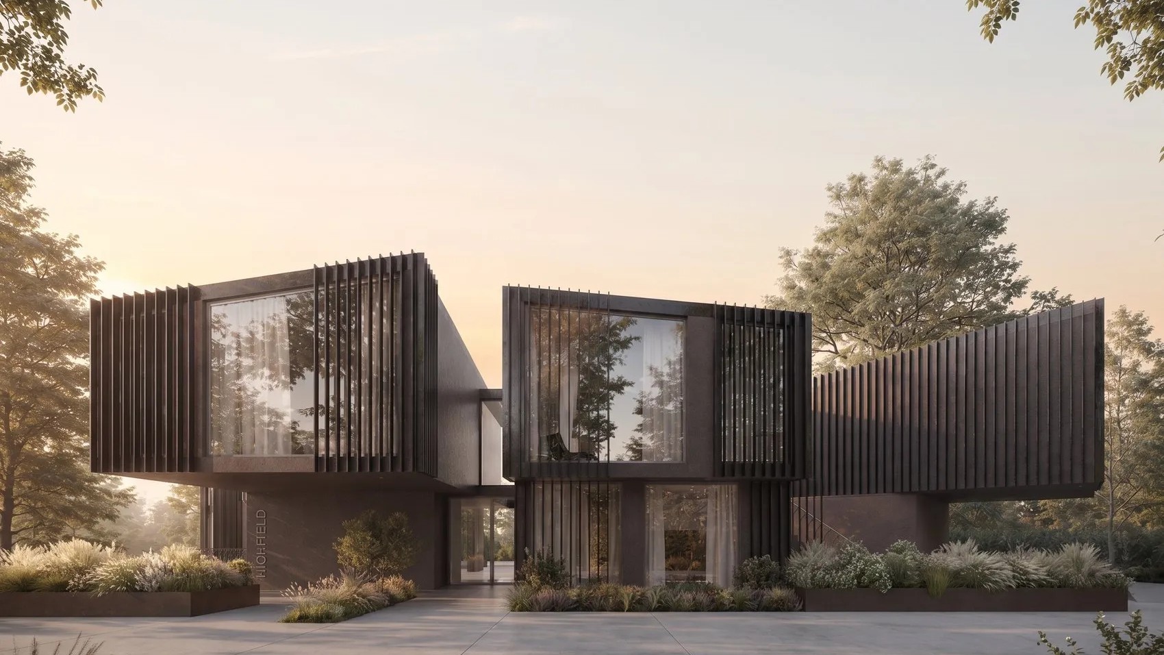 Visualisation of the consented scheme at The Highfield, Kenilworth: three storeys of apartments approached from Barrowfield Lane, with deep timber-finned upper boxes cantilevered over a recessed masonry base, full-height glazing between the fins, planted beds along the frontage and mature trees framing the view