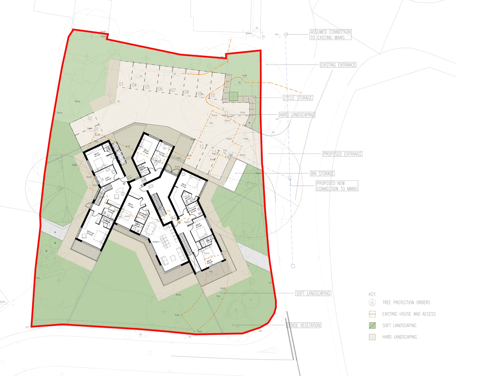 Rickett Architects consented site plan for The Highfield: the application boundary drawn heavy in red around a wooded plot, the fanned three-wing building set into the southern half, hard landscaping and fourteen parking spaces to the north, soft landscaping in green across the rest, tree protection areas drawn as circles, and the existing and proposed entrances labelled separately off Barrowfield Lane