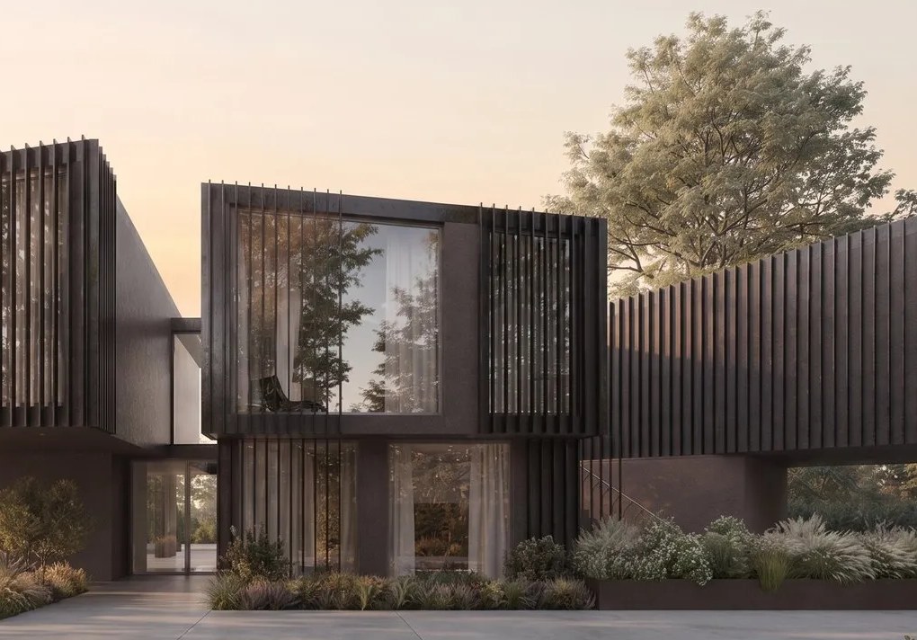Closer visualisation of the consented scheme at The Highfield: the recessed entrance between two cantilevered timber-finned upper boxes, with planted beds either side of the approach