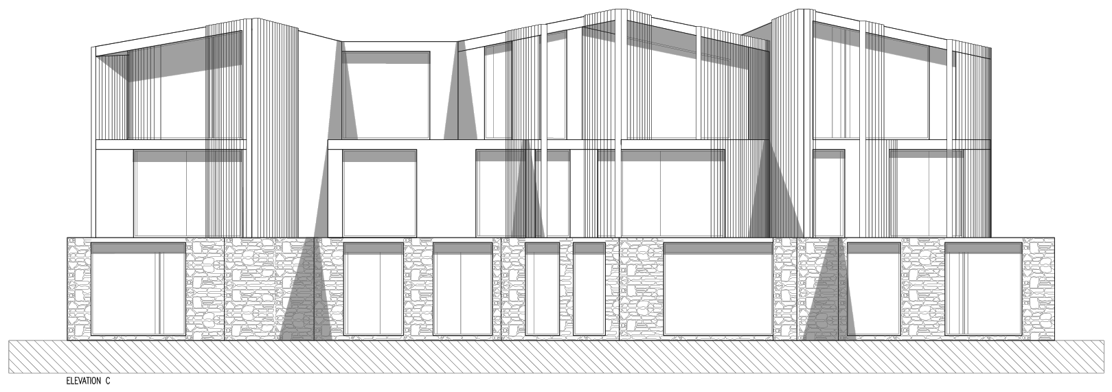 Rickett Architects consented elevation of The Highfield: a continuous coursed masonry base pierced by full-height openings, carrying two storeys of upper wings clad in close-spaced vertical fins, the mono-pitch roofs stepping up and down across the three splayed wings