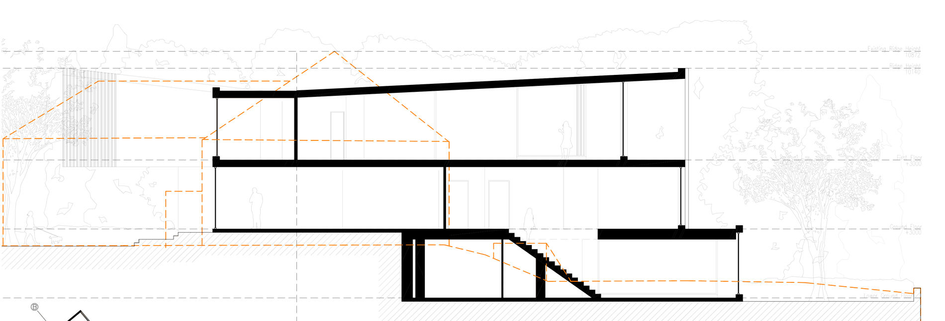 Rickett Architects consented long section through The Highfield: three floors cut in heavy black with a shallow mono-pitch roof, the lower ground floor set into the fall of the ground, and the demolished 1920s house with its pitched roof and the original ground profile drawn over the top as a dashed orange outline