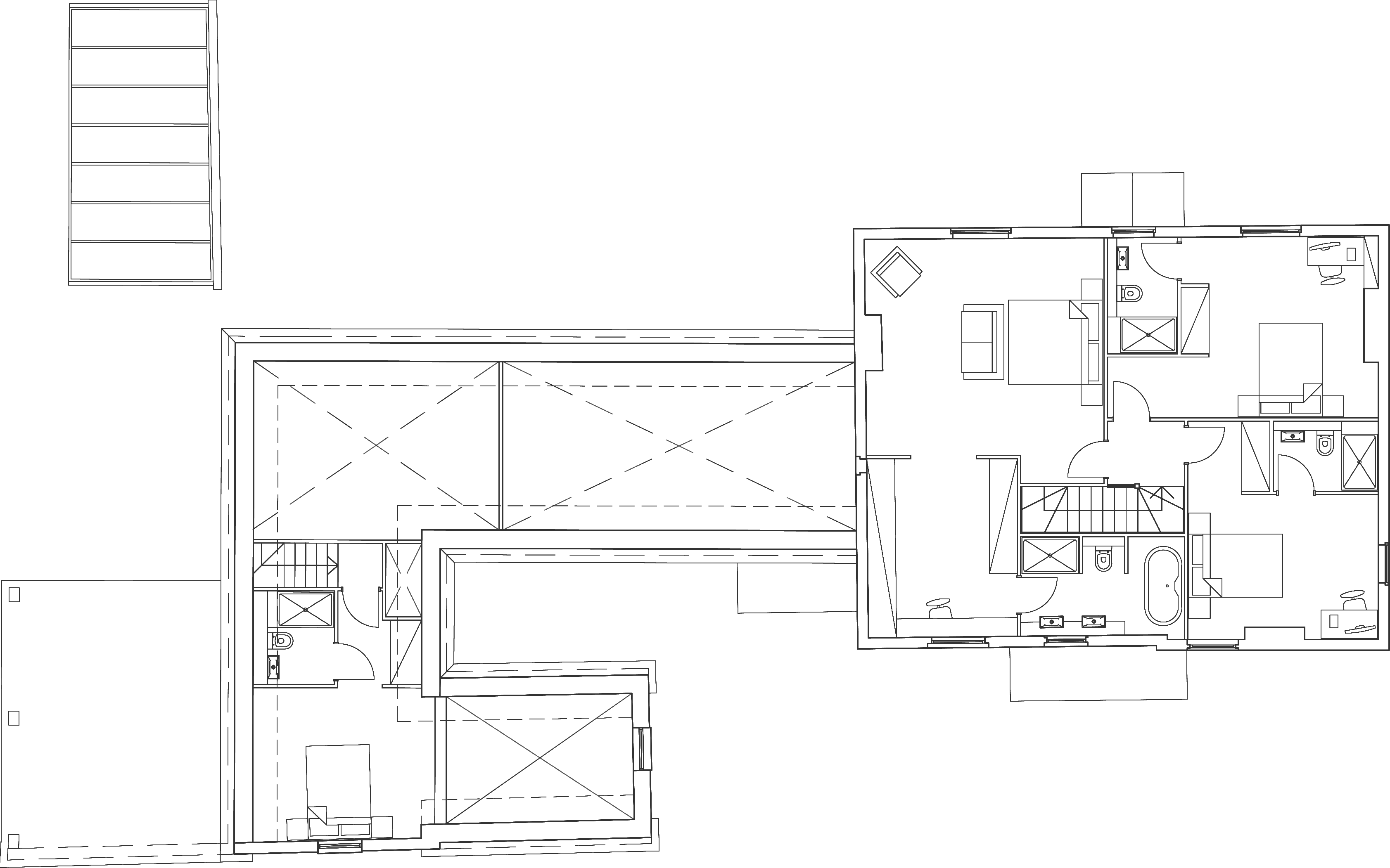 Rickett Architects consented first floor plan: bedrooms with en suite bathrooms and a dressing room set around the stair in the old farmhouse at the right, a further bedroom to the left, and the roof over the single-storey part of the converted range drawn hatched