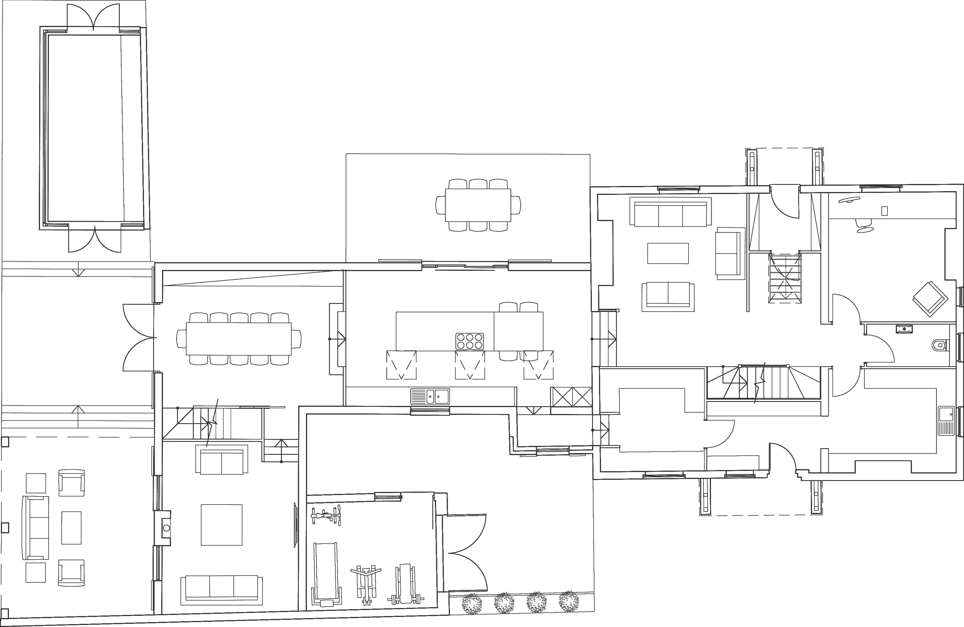 Rickett Architects consented ground floor plan: the converted farm building on the left holding the dining room, the kitchen island and a lounge with the garden loggia and water feature beyond, linked through to the old farmhouse on the right with its living rooms, stair hall and study