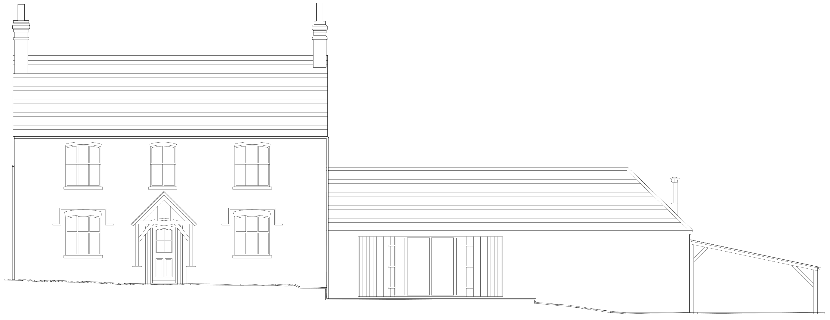 Rickett Architects consented front elevation of Cannings Farm: the two-storey brick farmhouse with two chimneys, a gabled timber porch and traditional multi-pane windows, stepping down at the right to the lower converted farm building with timber boarded and glazed openings under a long tiled roof