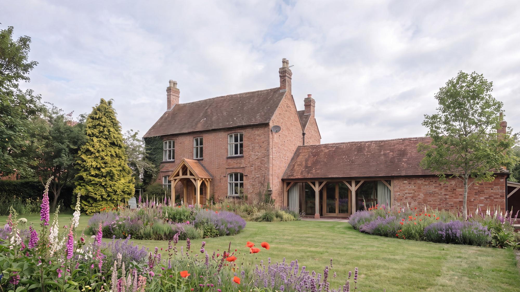 Visualisation of Cannings Farm from the garden: the retained two-storey brick farmhouse with a new green oak entrance porch, joined to the lower converted farm building whose garden front opens through an open oak loggia, with plain clay tiled roofs across both and deep planting in the foreground