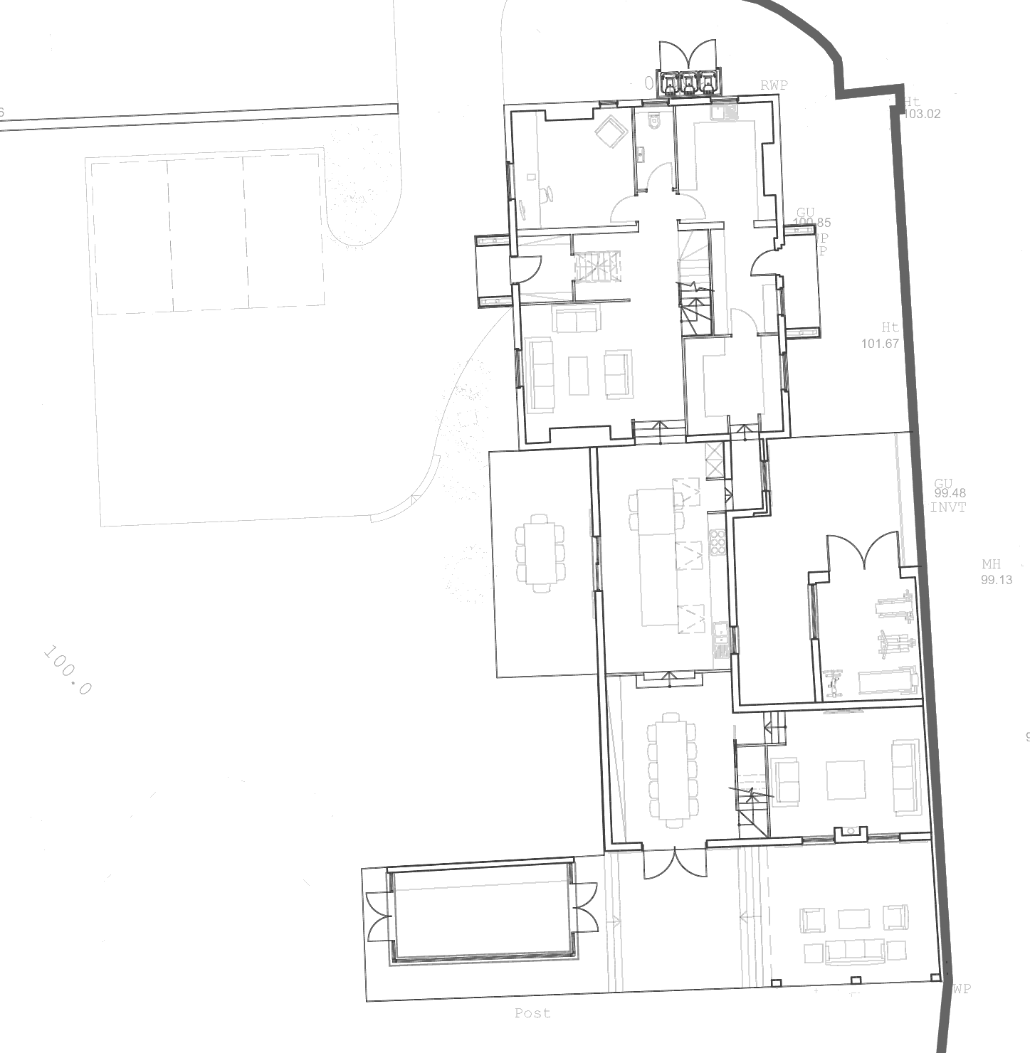 Rickett Architects consented site plan, northern half: the farmhouse at the top against the lane, the converted farm building turning south behind it with the courtyard between them, the terrace and garden pool to the south west, and the eastern site boundary running down the right