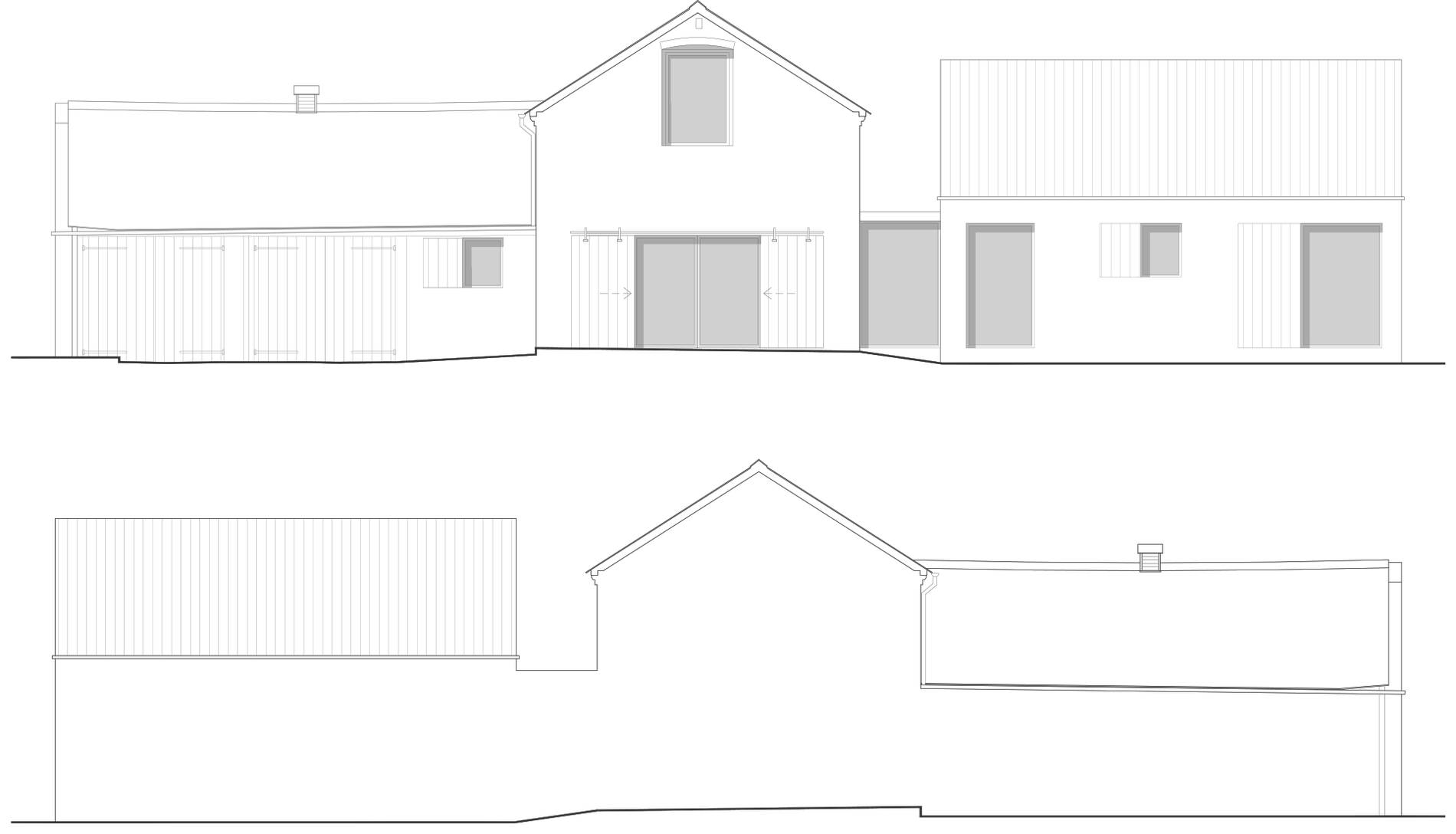 Two Rickett Architects elevations of the retained barn at Brooklands Farm on one canvas: above, the front, a brick gable with a sliding timber barn-door screen over full-height glazing, a timber-clad single-storey range to the left and a brick range to the right; below, the rear, the same gable with a long low wing running off each side
