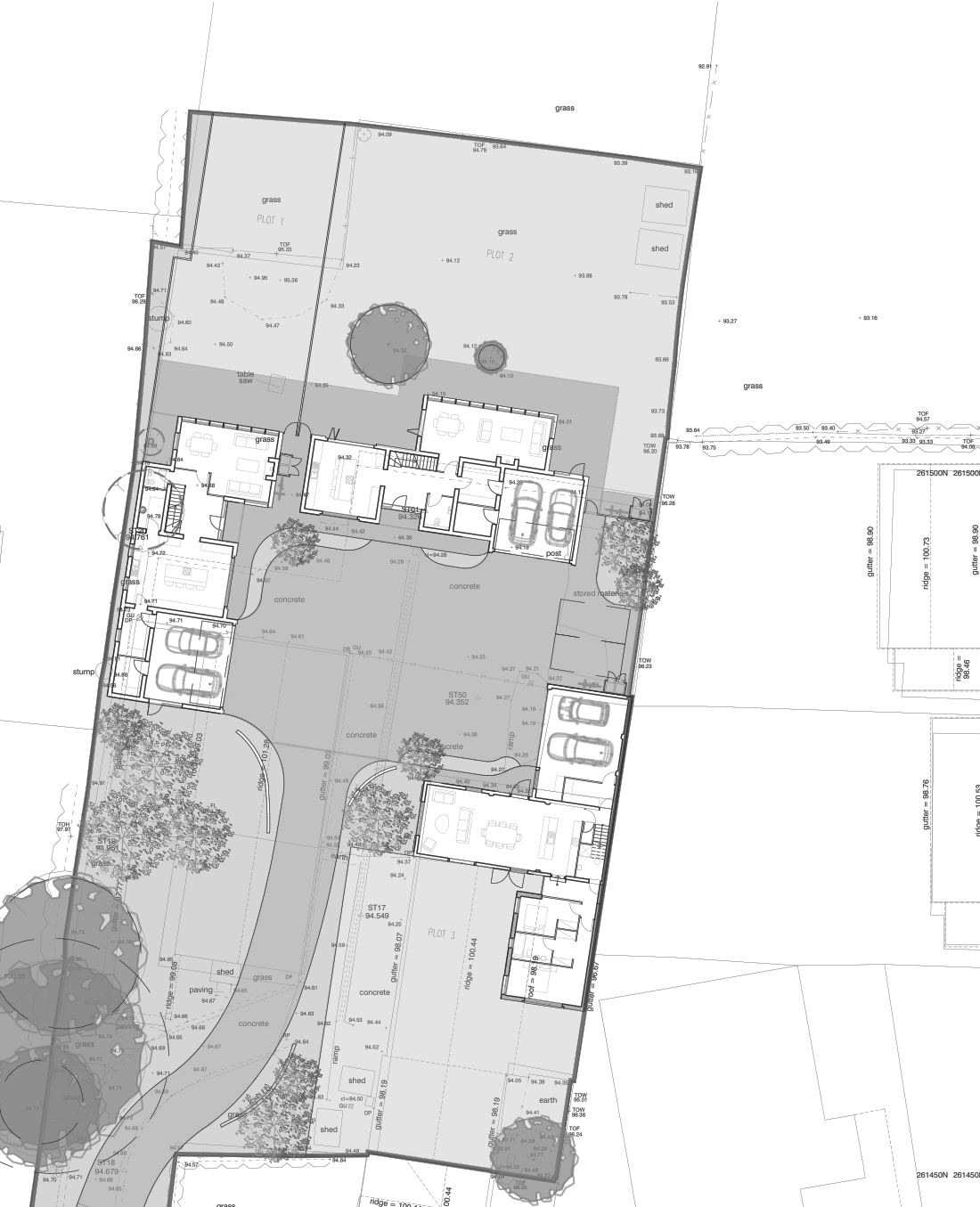 Rickett Architects consented site plan for Brooklands Farm, cropped to the courtyard: two new detached houses labelled Plot 1 and Plot 2 to the north, the retained barn as Plot 3 to the south east, garages and visitor parking on a concrete courtyard between them, private gardens drawn as grass, retained trees drawn as canopies, and the application boundary drawn heavy
