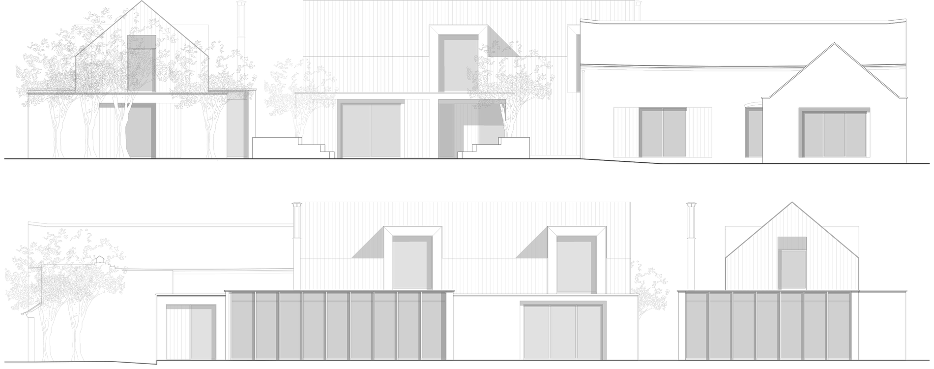 Two Rickett Architects street elevations of the Brooklands Farm group on one canvas: above, the north elevation, with a gabled timber-clad house, a two-storey volume with tall glazing and the long retained barn; below, the south elevation onto the courtyard, with wide glazed openings behind sliding timber screens