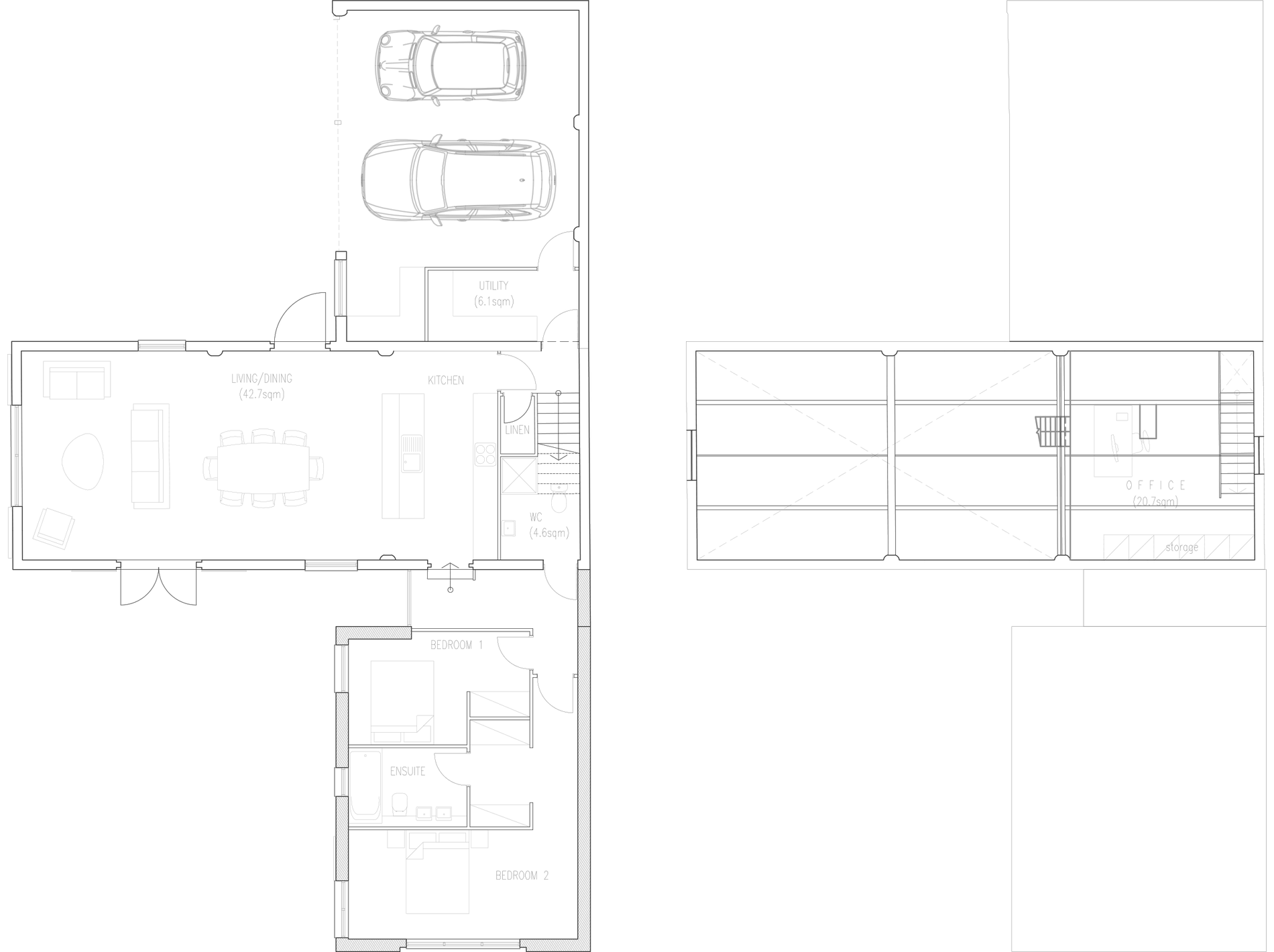 Two Rickett Architects plans of the barn conversion at Brooklands Farm on one canvas: on the left the ground floor, with an open living and dining room of 42.7 square metres, a kitchen, utility and WC, two bedrooms and an en suite in the single-storey wing, and two cars in the parking bay; on the right the first floor, mostly open to the room below, with a 20.7 square metre office and storage at one end