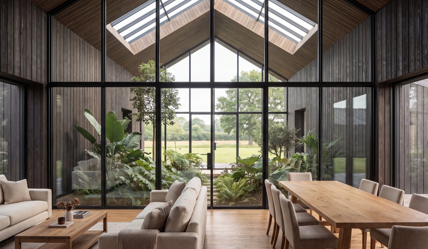 Interior visualisation of the consented barn conversion at High Chimneys Farm: the double-height internal courtyard at the heart of the home, top-lit by roof skylights, with lush planting and a full-height glazed gable framing a view out to the fields, seen from the open-plan living and dining space in dark timber, black-framed glazing and warm oak
