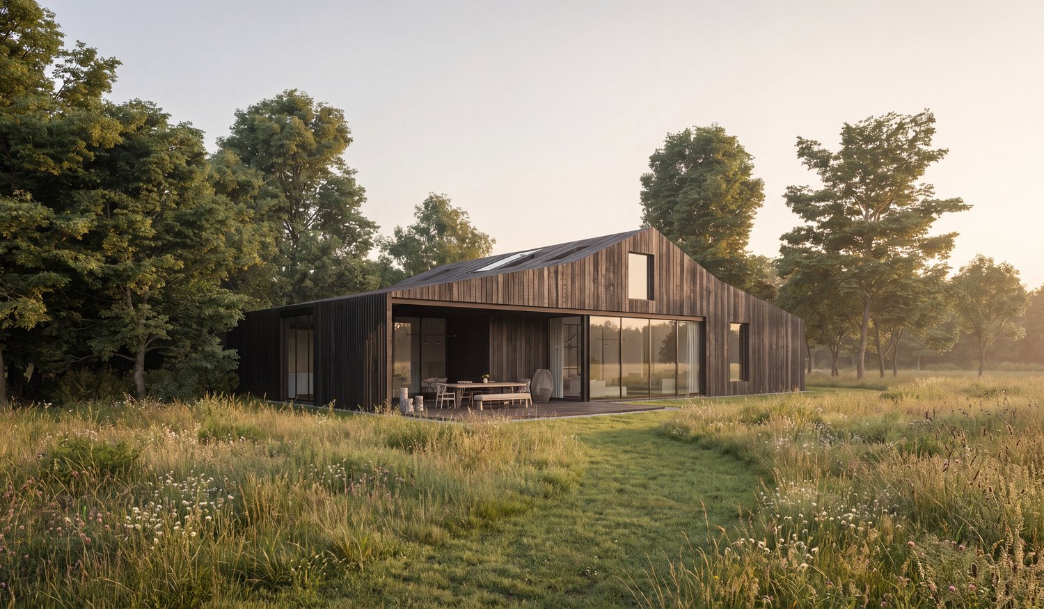 Visualisation of the consented barn conversion at High Chimneys Farm seen from the garden: the dark timber-clad barn with its sculpted roof and rooflights, a large glazed living space opening onto a covered terrace, set in a wild meadow with mature trees behind