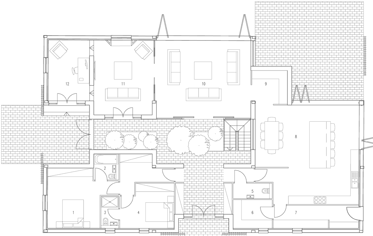 Rickett Architects consented ground floor plan for the barn conversion at High Chimneys Farm: rooms arranged around a central top-lit internal courtyard, with the kitchen, dining and living space to the east and bedrooms zoned to the south away from the motorway