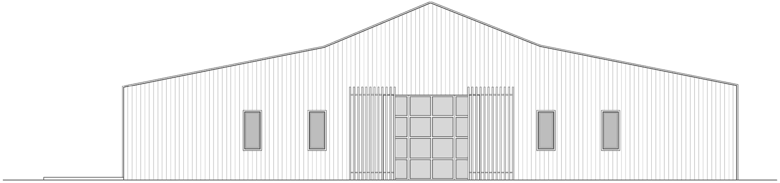 Rickett Architects proposed front elevation for the barn conversion at High Chimneys Farm, seen from Tinkers Lane: a symmetrical barn gable clad in vertical timber, with a large glazed gable bay and timber screens marking the entrance and the internal courtyard beyond