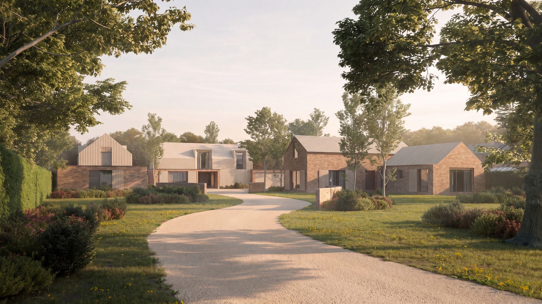 Visualisation of the consented scheme at Brooklands Farm, Southam: three barn-form homes in red brick with vertical timber cladding and shallow pitched roofs, set around a gravel courtyard with mown grass, wildflowers and mature trees, and open countryside beyond