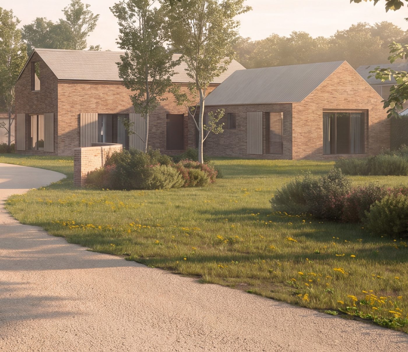 Closer visualisation of the consented scheme at Brooklands Farm: the retained brick barn with its gable and timber screens, a low brick wing running off it, and young trees along the courtyard edge