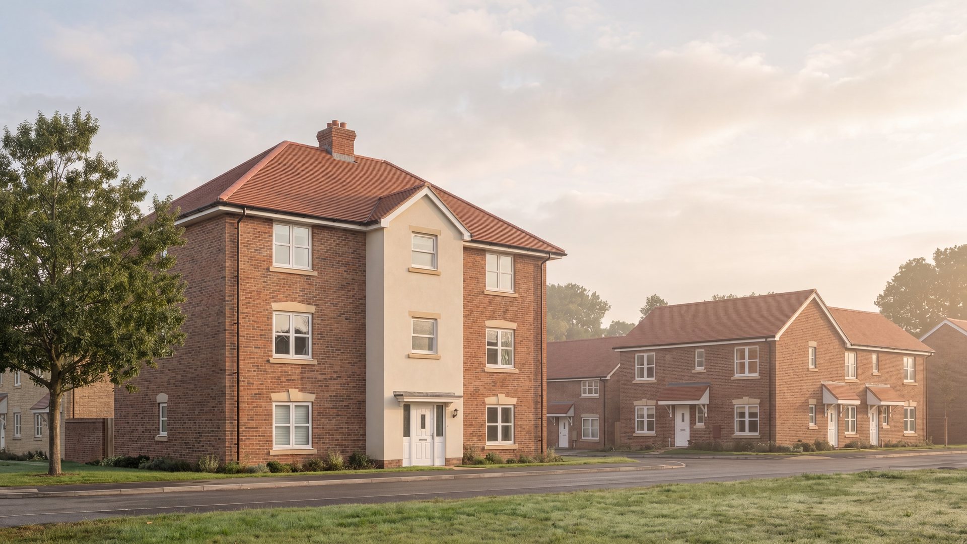 Visualisation of the consented scheme at Broomhall, Worcester: a three-storey apartment block in red brick with a chalk render bay and a red tiled hipped roof on the corner, with two-storey brick and render houses running along the street beyond