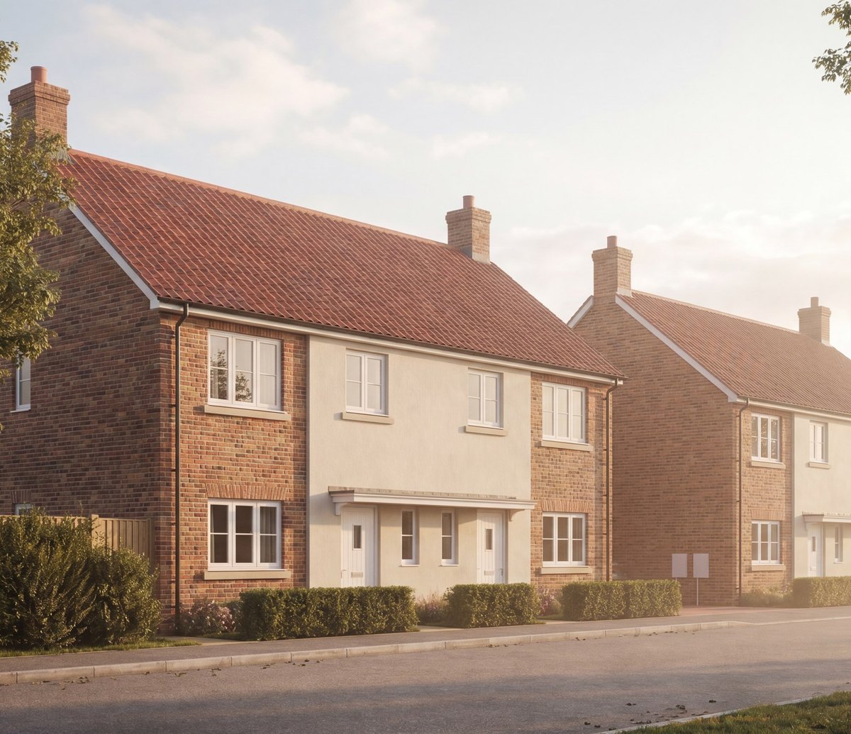 Visualisation of the consented houses at Broomhall, Worcester: a pair of two-storey homes in red brick with chalk rendered fronts, cast stone window cills, white windows and a red tiled roof, with a further pair beyond and clipped hedges to the pavement