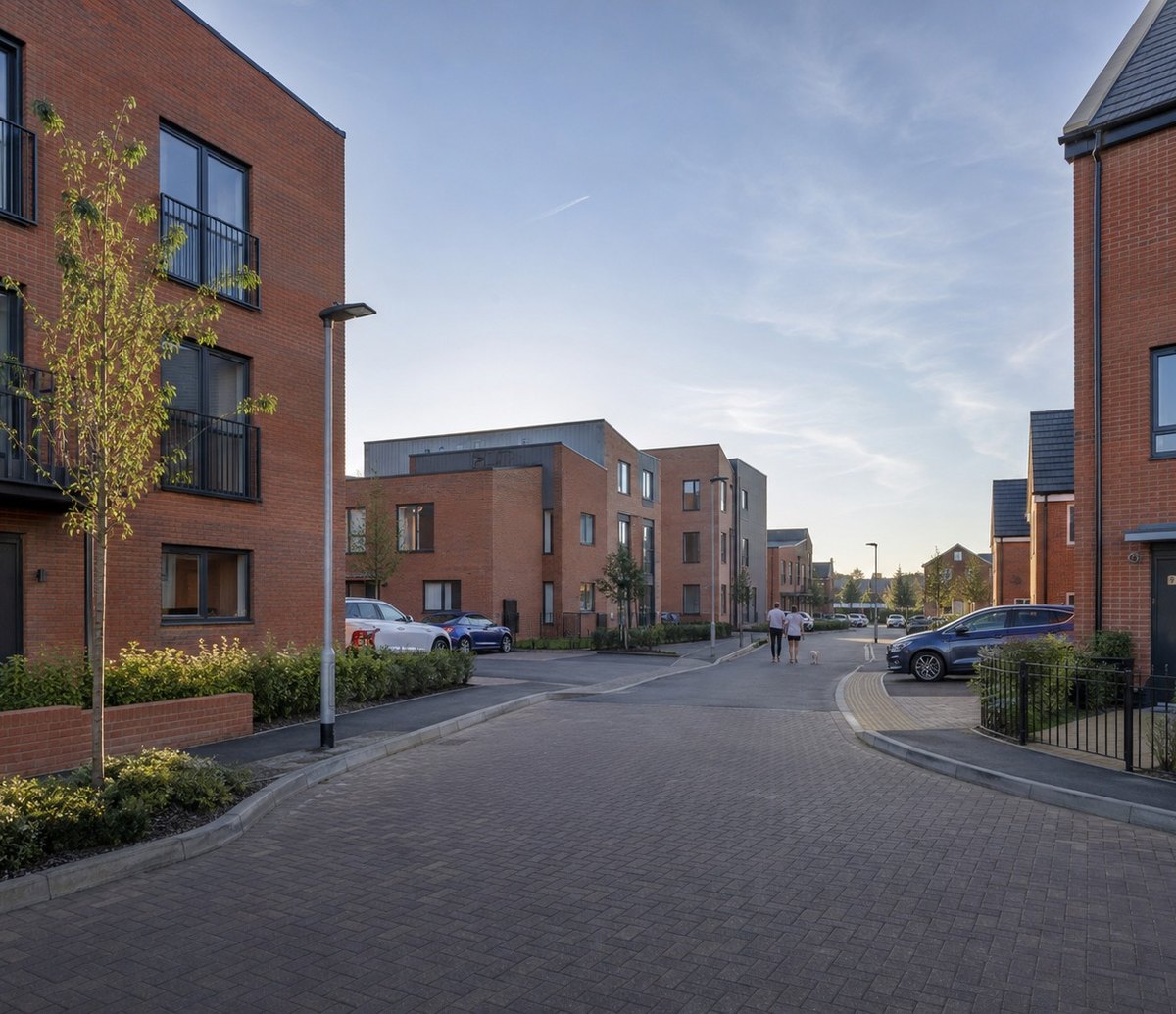 Visualisation of the Market Quarter scheme in Banbury: a contemporary red brick apartment frontage over ground-floor commercial units facing a paved public square, with people and parked cars in front of it