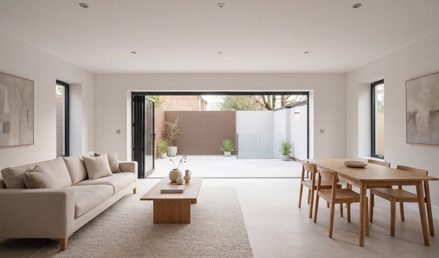 Photograph of a completed townhouse interior at Victoria Court, shown restyled: an open living and dining room in pale stone flooring with a linen sofa, oak table and low oak table, tall windows to each side and full-width sliding doors folded back onto a paved courtyard with planting and a brick wall beyond