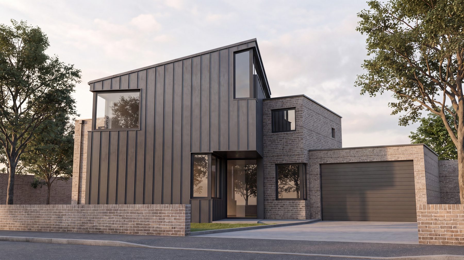 Visualisation of Plot 8 at Victoria Court, Leamington Spa: a contemporary detached house clad in dark standing-seam zinc over a pale brick base, with a monopitch roof, tall framed windows, a recessed entrance, an attached single-storey garage and a low brick boundary wall to the street