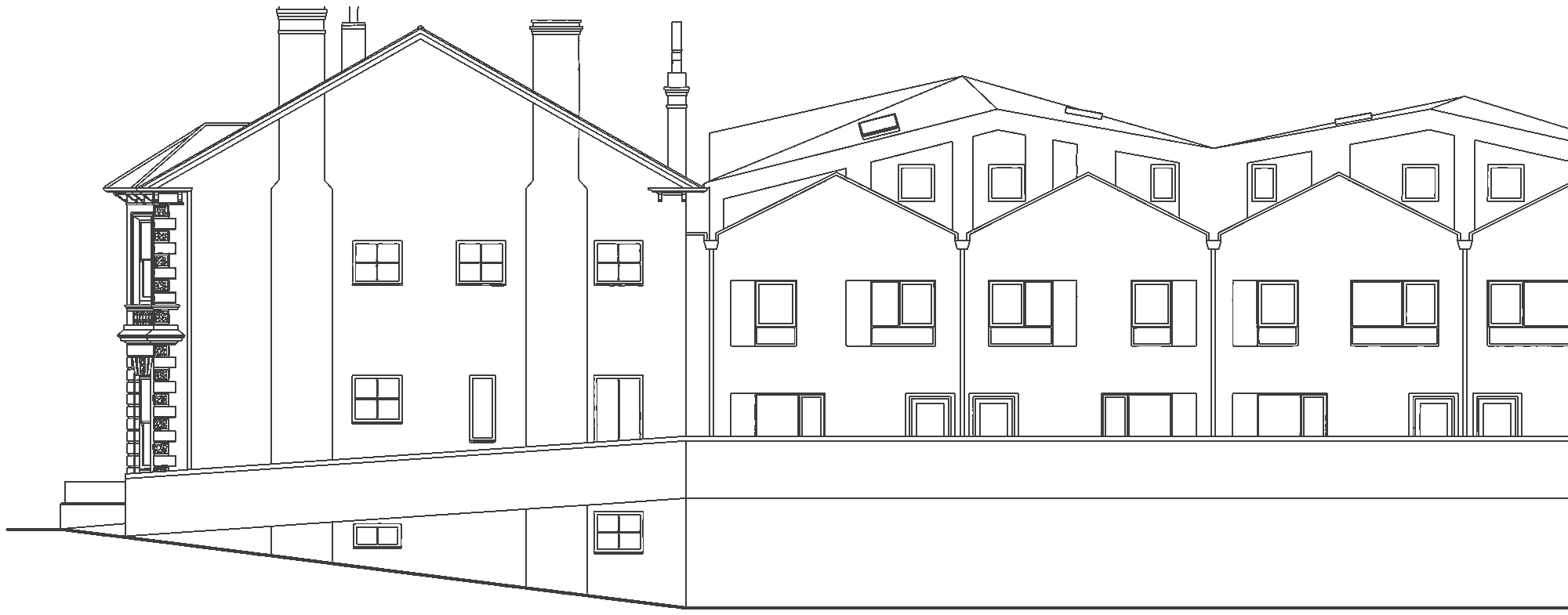 Rickett Architects proposed site elevation for Victoria Court: the retained three-storey period villa with its bay windows and chimneys on the left, and the new four-unit townhouse terrace on the right with gabled zinc roofs, rooflights and regular window bays, drawn on one continuous ground line