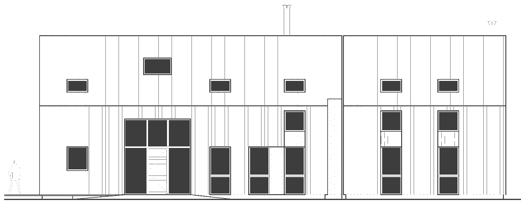 Rickett Architects proposed front elevation for Green Gate Barns: one long low gabled form in vertical board cladding, with a recessed entrance and a small number of windows to the larger home on the left and to the smaller home on the right, and rooflights set into the roof slope