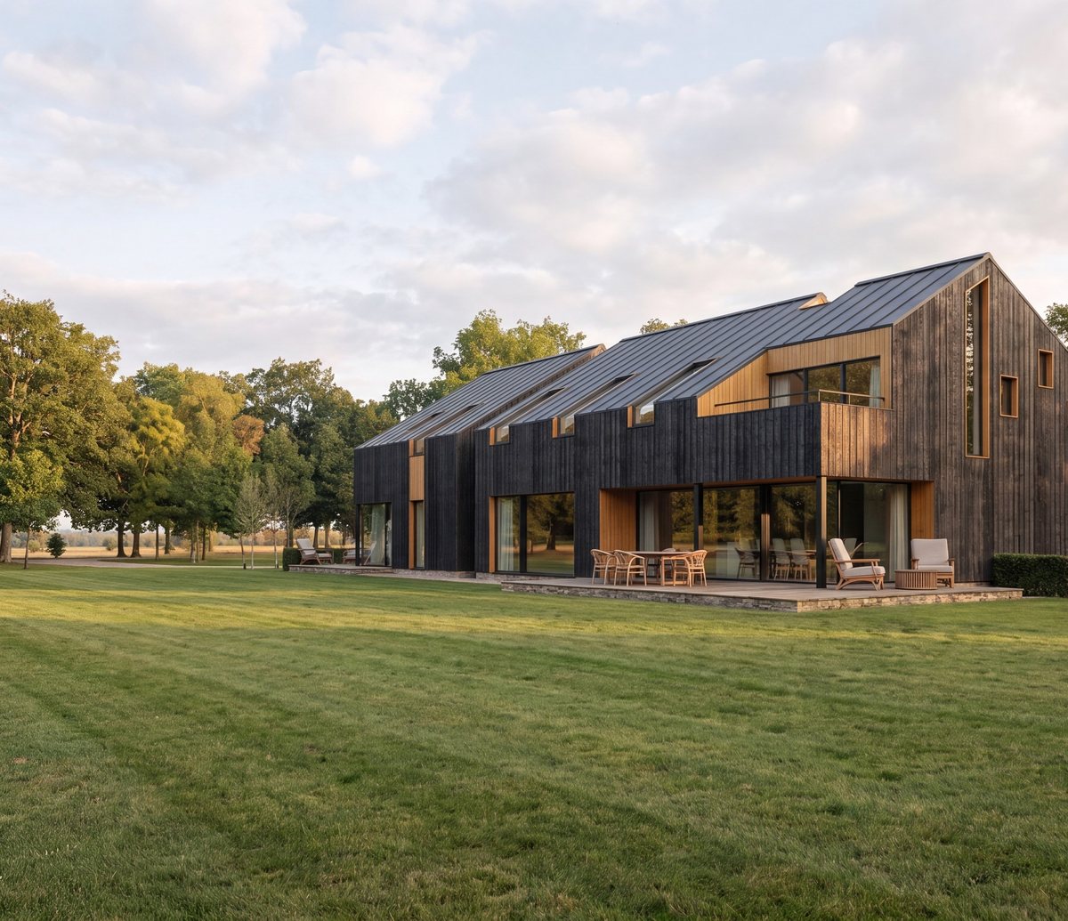 Visualisation of the converted barn at Green Gate Barns from the garden side: dark vertical timber boarding under a standing-seam roof, full-height glazing and sliding doors opening onto a stone terrace and lawn, with countryside and mature trees beyond