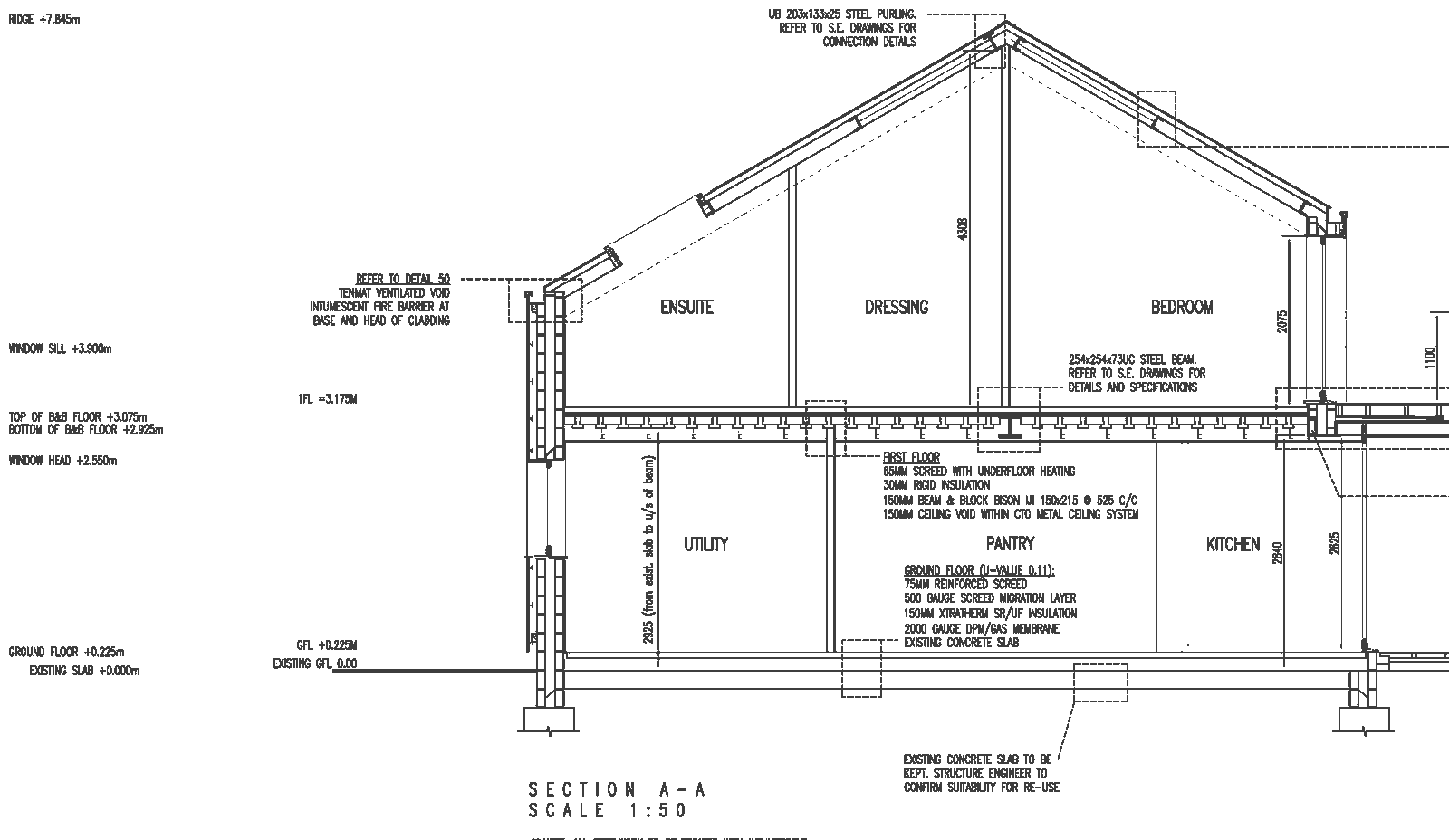 Rickett Architects technical section through Green Gate Barns at 1:50: the retained steel portal frame and purlins under a gabled roof, a new first floor of beam and block on steel beams with underfloor heating, rooms labelled ensuite, dressing, bedroom, utility, pantry and kitchen, level datums to the left and written specification notes on leader lines