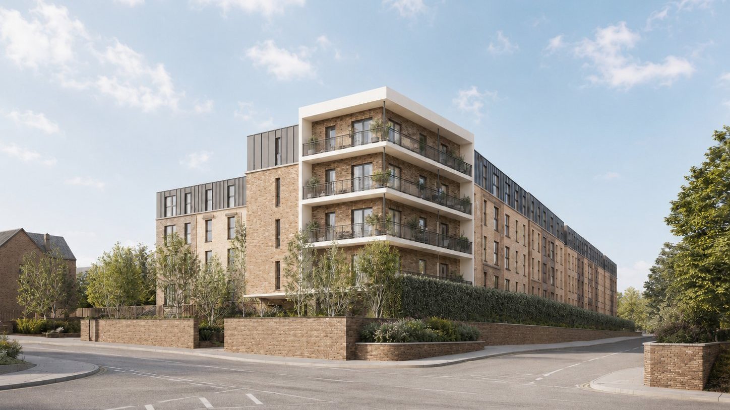 Visualisation of the consented scheme at Newbold Road, Rugby: a part-four, part-five storey buff-brick apartment building turning the corner of Newbold Road and Wood Street, with white render banding around recessed inset balconies, a set-back dark zinc top storey, brick boundary walls and planting to an empty street under a clear sky