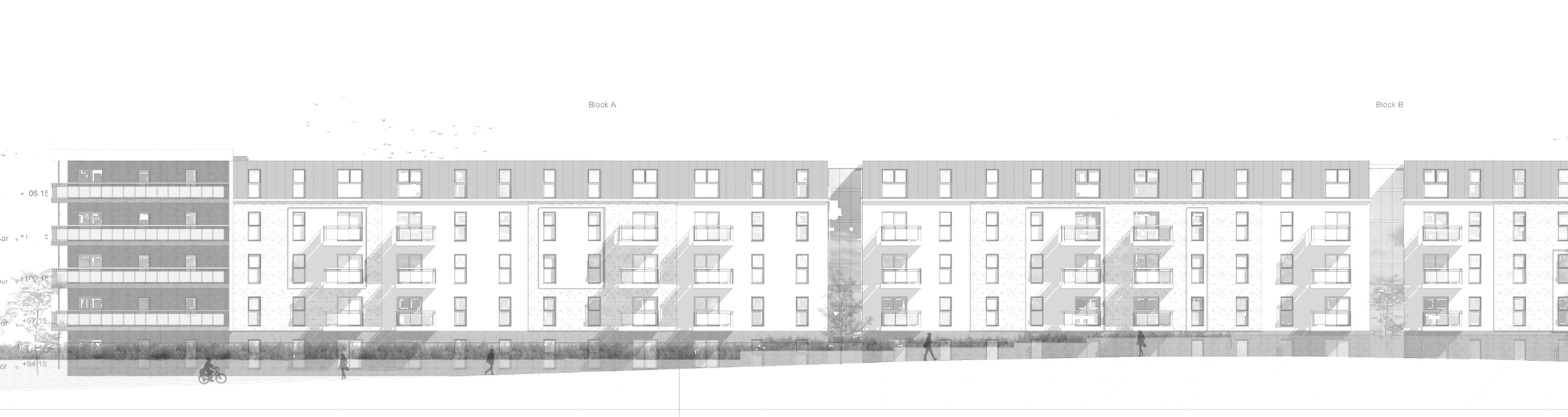 Rickett Architects proposed north elevation of the apartment scheme at Newbold Road, Rugby: the long streetscene running the full length of the building, a part-three to part-four storey brick frontage with a regular rhythm of recessed balconies and projecting piers, render and contrasting brick banding, stepping down from the taller gateway block