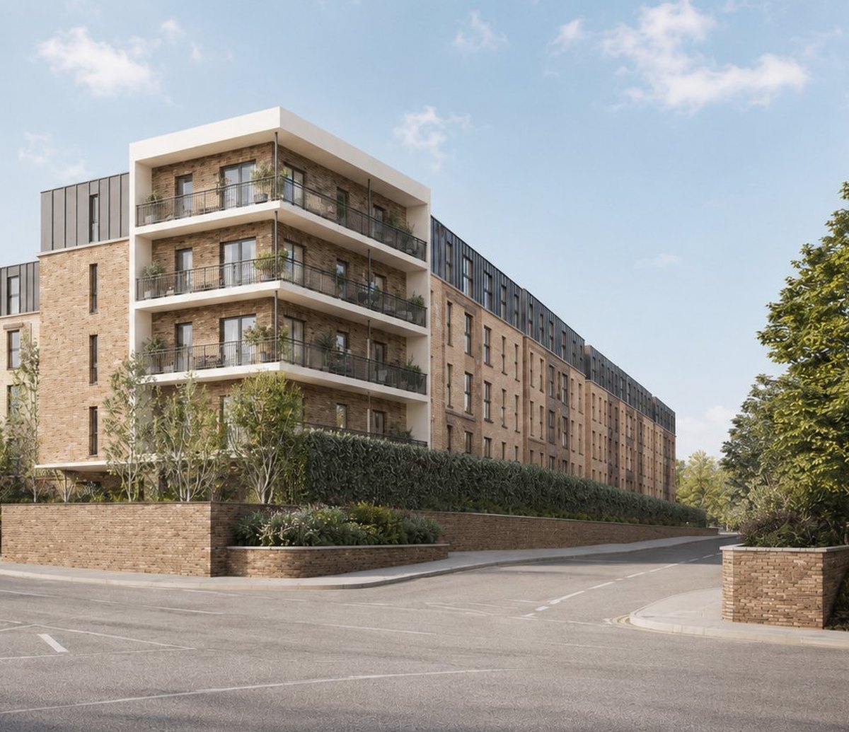 Visualisation of the gateway corner at Newbold Road, Rugby: the part-four, part-five storey buff-brick corner with white render banding around recessed inset balconies, a set-back dark zinc top storey, and a brick boundary wall with planting at the pavement