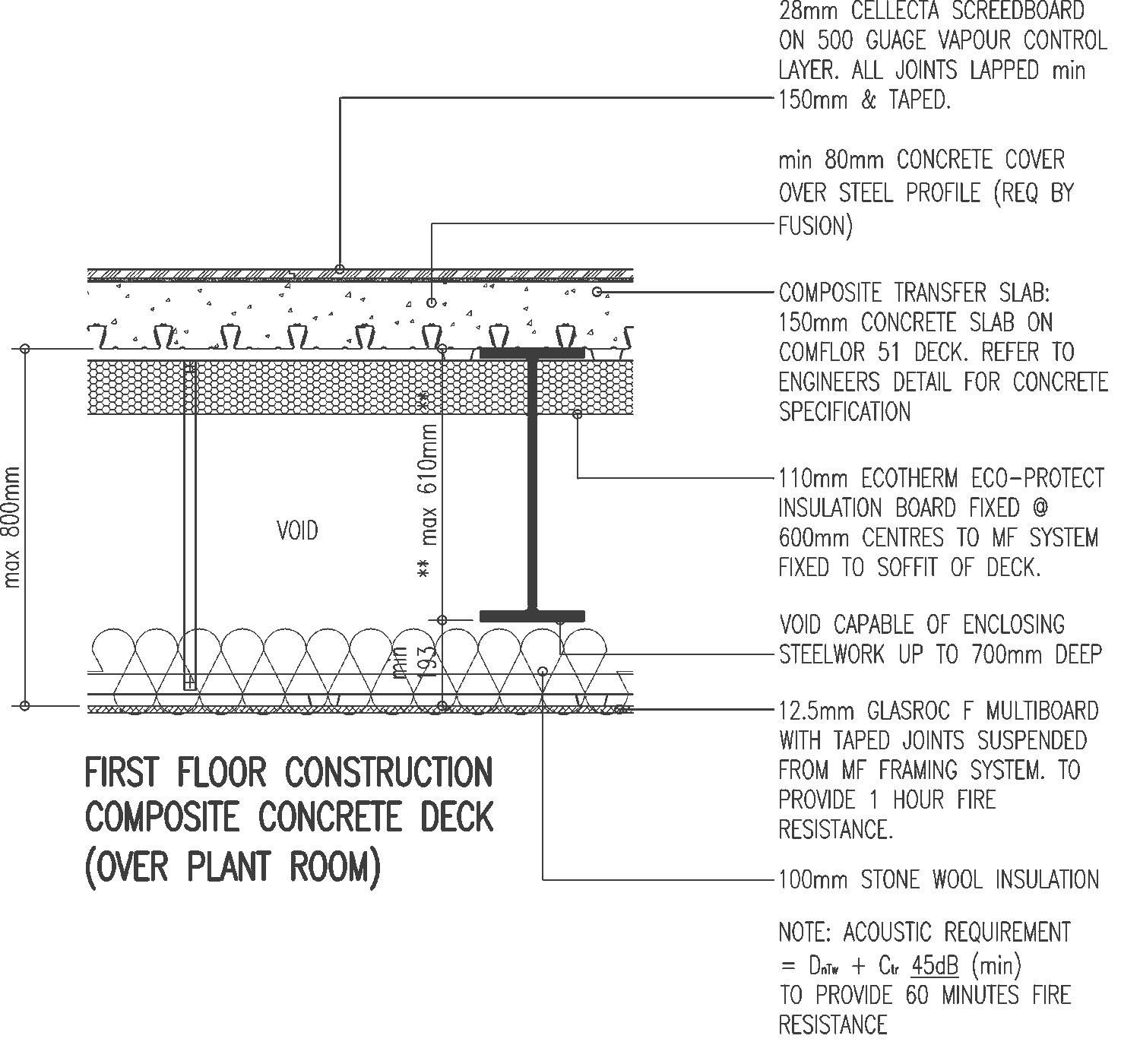 Rickett Architects first-floor construction detail at Tennant Street, Birmingham: a composite concrete transfer slab on a Comflor steel deck over the ground-floor plant room, with the light-gauge steel framing system, rigid insulation, plasterboard fire-lining and stone-wool acoustic build-up, annotated for 60-minute fire and 45 decibel performance