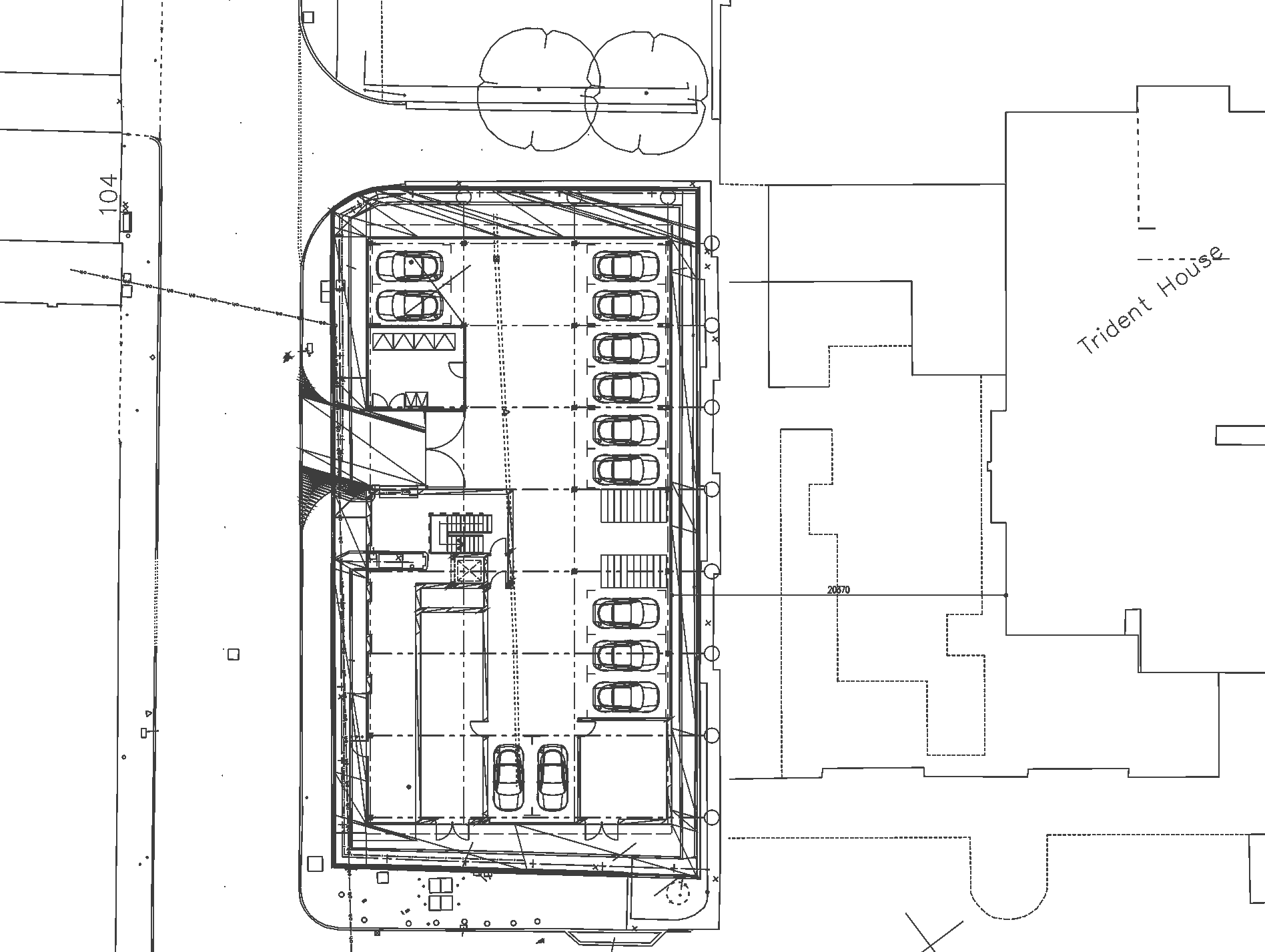 Rickett Architects proposed site plan for Tennant Street, Birmingham: the apartment building footprint set tight on its city-centre plot with the concierge lobby, retail and parking bays at ground floor, the access from the rear, and the Trident House complex drawn to the south-east