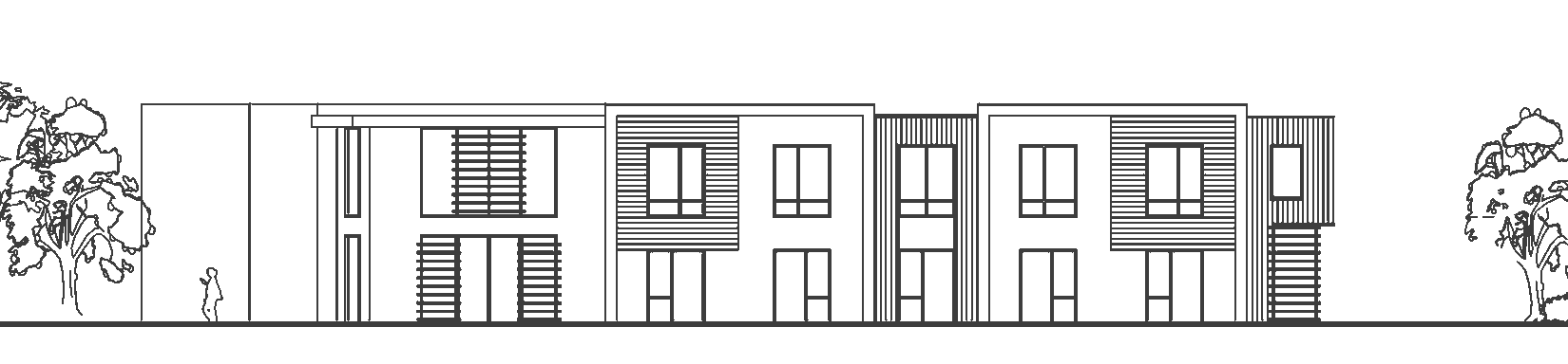 Rickett Architects proposed elevation of Brackley Care Home: a long two-storey frontage of bedroom suites with regular windows, larch-clad surrounds to the projecting bays, render between them and a flat parapet roofline, drawn on a continuous ground line