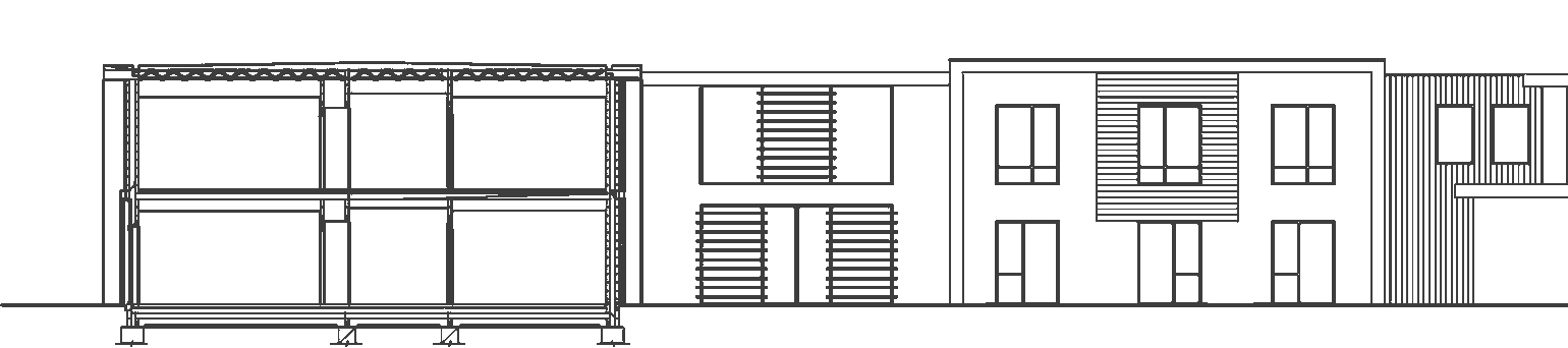 Rickett Architects section through Brackley Care Home: the two-storey structure cut open at one end to show the floor plates and frame, the elevation beyond, and the ground line stepping down and away towards a footpath at the far side