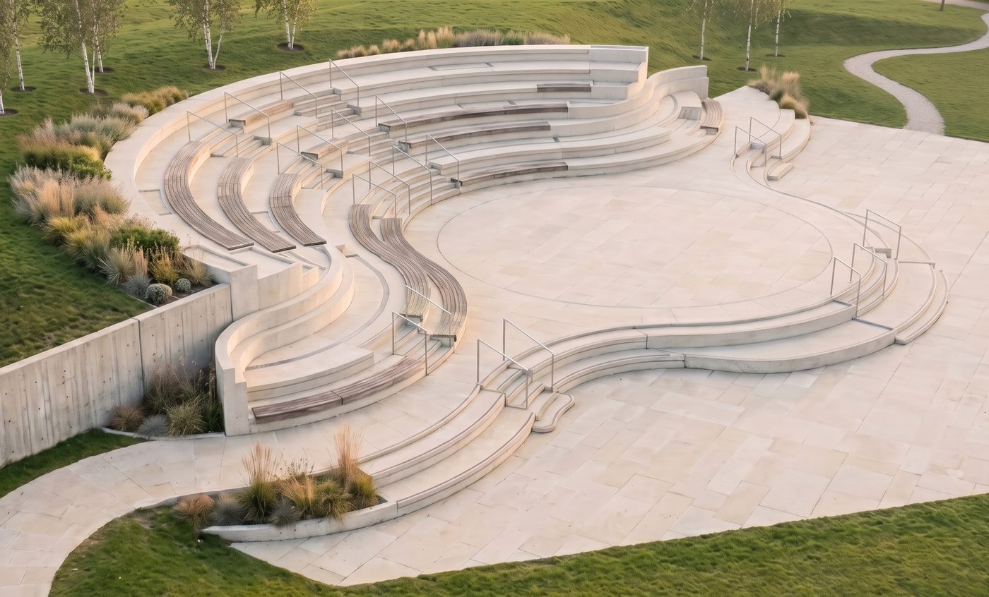 Rickett Architects visualisation of the proposed amphitheatre and terraced landscape at the Oxford Business College campus, Nottingham: curved stone seating terraces stepping down into a paved circular apron, slim open metal railings, ornamental planting along the top edge, silver birch trees on the grassland above and a board marked concrete retaining wall to the left