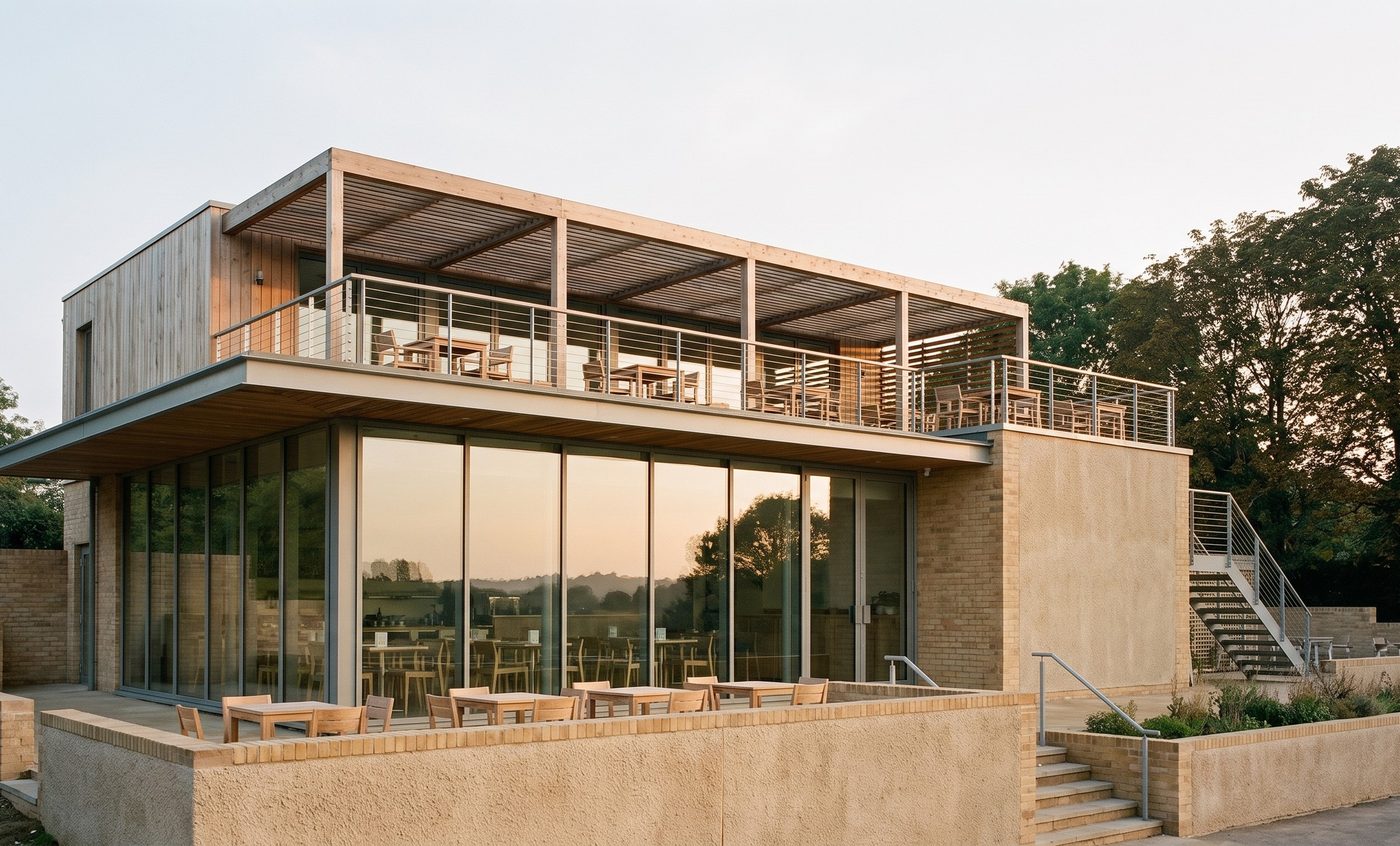 Rickett Architects visualisation of the proposed external cafe at the Oxford Business College campus, Nottingham: a contemporary two storey cafe set into the slope, fully glazed at ground level with outdoor seating on a walled terrace, and an open rooftop terrace above under a timber canopy reached by an external stair