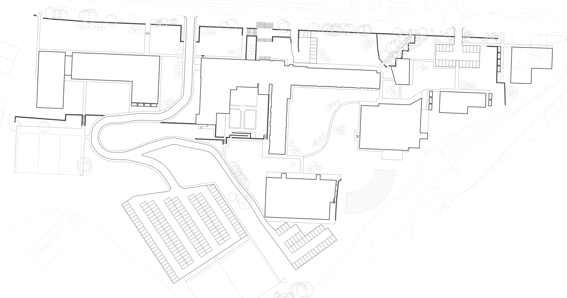 Rickett Architects campus masterplan for Oxford Business College, Carlton Road, Nottingham: a monochrome line plan of the six hectare campus with the college buildings drawn as charcoal roof footprints, the internal roads and parking bays, the terraced ground and amphitheatre, and the surrounding streets shown faintly as context